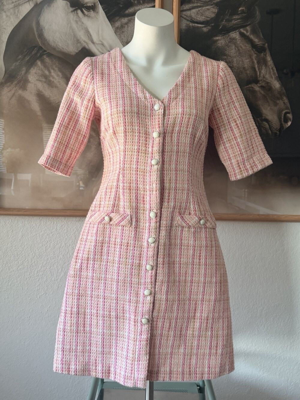 Maison Tara Tweed Pink And Beige Mini Dress Size 4 #J0004-0T
